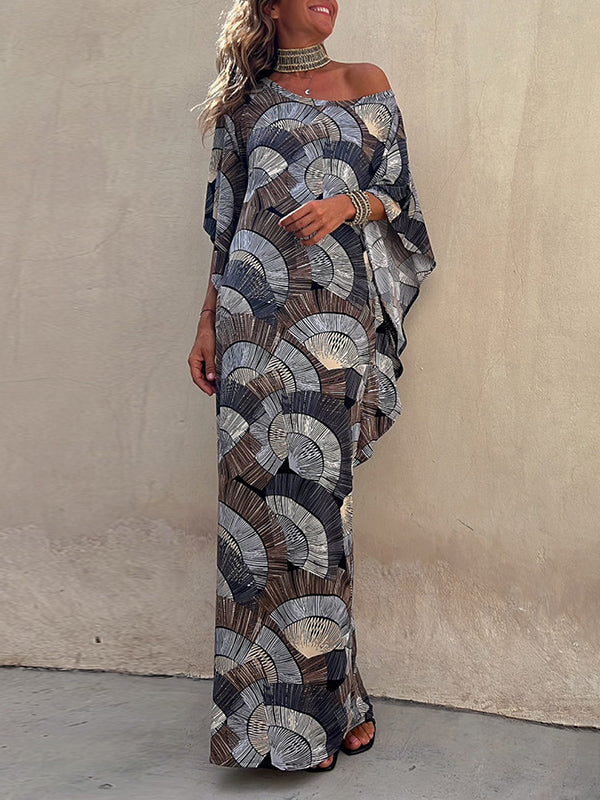 Batwing Sleeves Contrast Color Pleated Printed Maxi Dresses by migunica
