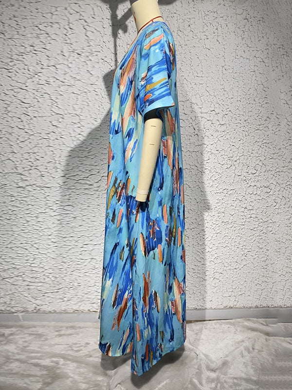 Loose Short Sleeves Multi-Colored Printed V-Neck Maxi Dresses by migunica