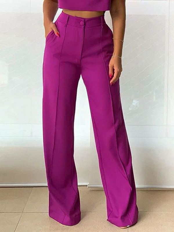 Loose Solid Color V-Neck Vest Top + High Waisted Pants Bottom Two Pieces Set by migunica