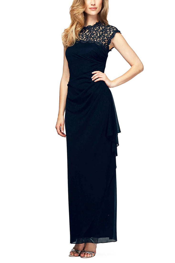 Alex Evenings metallic lace neckline sleeveless gathered side mesh gow   Pomp and Port
