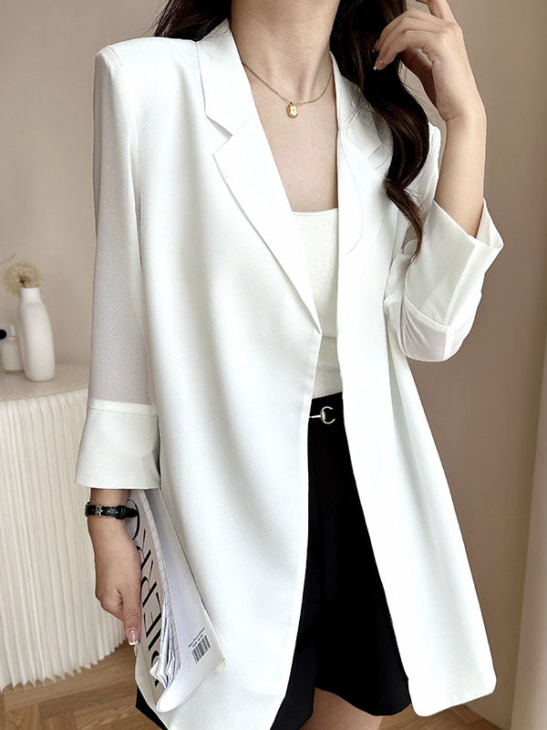Long Sleeves Loose Solid Color Split-Side Sun Protection Notched Collar Blazer Outerwear by migunica