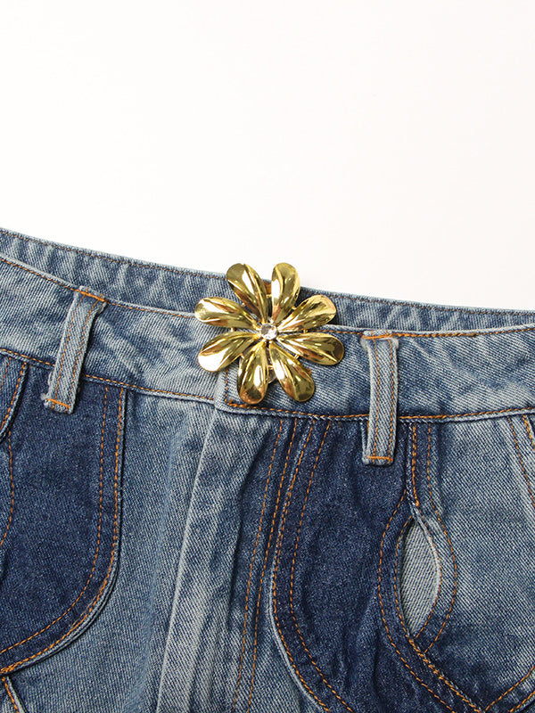 High Waisted Straight Leg Flower Shape Hollow Jean Pants Bottoms by migunica