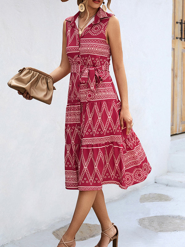 Sleeveless Buttoned Printed Tied Waist Lapel Collar Midi Dresses by migunica