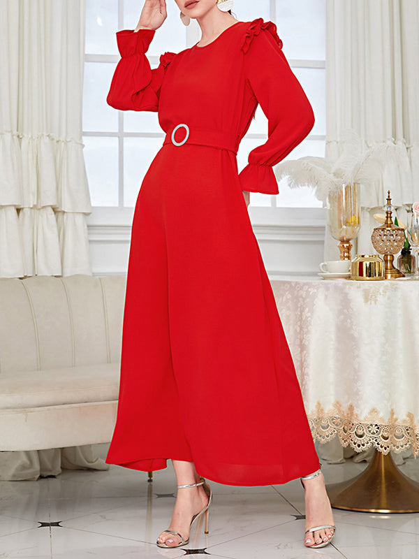Ruffle Sleeves Belted Solid Color Round-Neck Maxi Dresses by migunica
