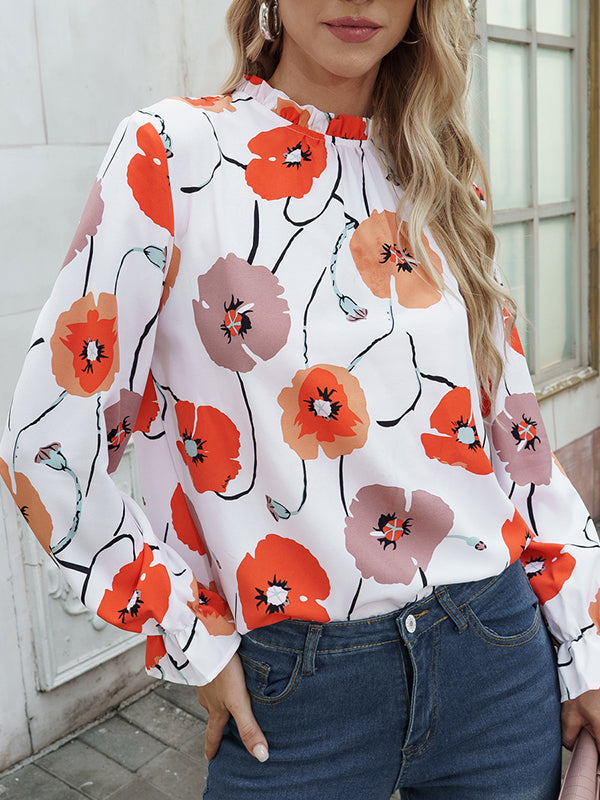 Long Sleeves Loose Floral Printed Hollow Stand Collar Blouses by migunica