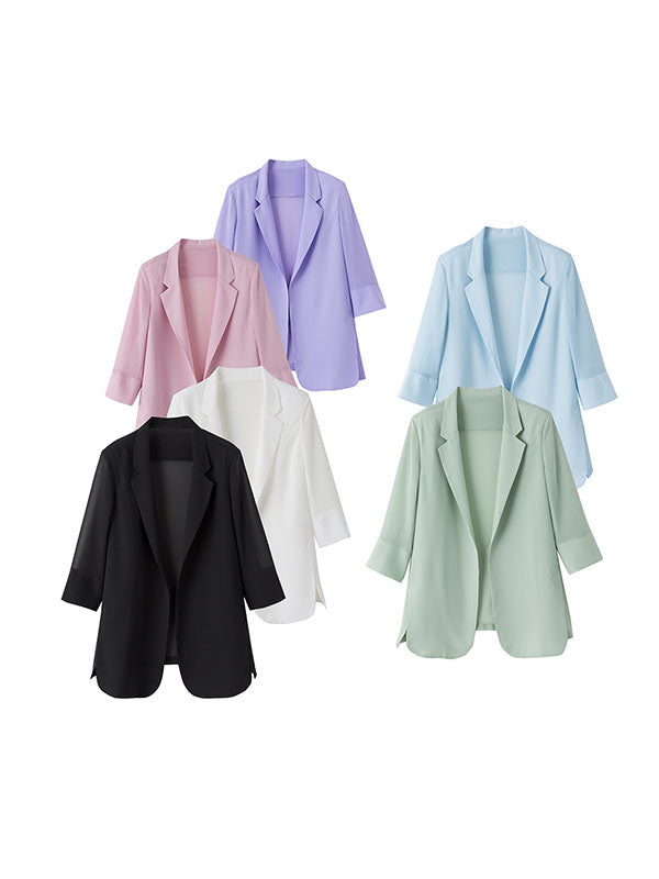 Long Sleeves Loose Solid Color Split-Side Sun Protection Notched Collar Blazer Outerwear by migunica