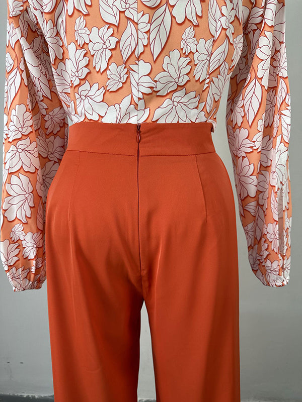Long Sleeves Flower Print Hollow Mock Neck Shirts Top + High Waisted Pants Bottom Two Pieces Set by migunica