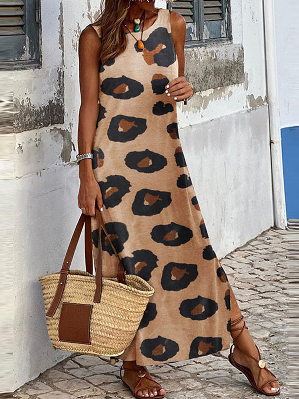 Loose Sleeveless Leopard Printed Split-Side Round-Neck Maxi Dresses by migunica