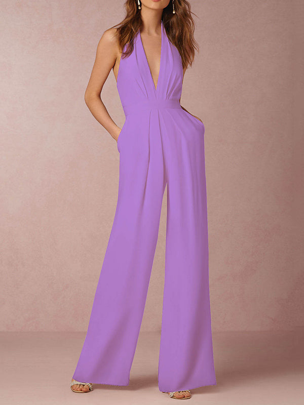 Sleeveless Wide Leg Backless Solid Color Halter-Neck Jumpsuits by migunica
