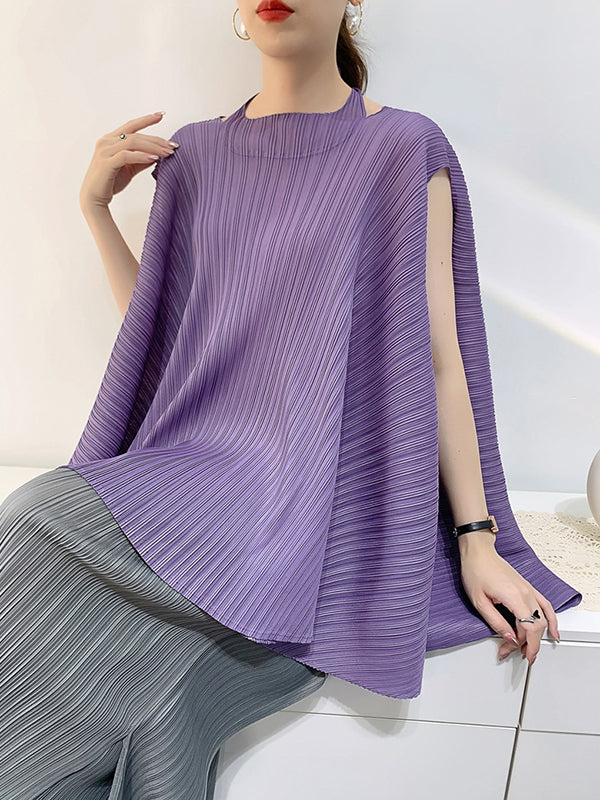 Loose Sleeveless Pleated Solid Color Halter-Neck T-Shirts Tops by migunica