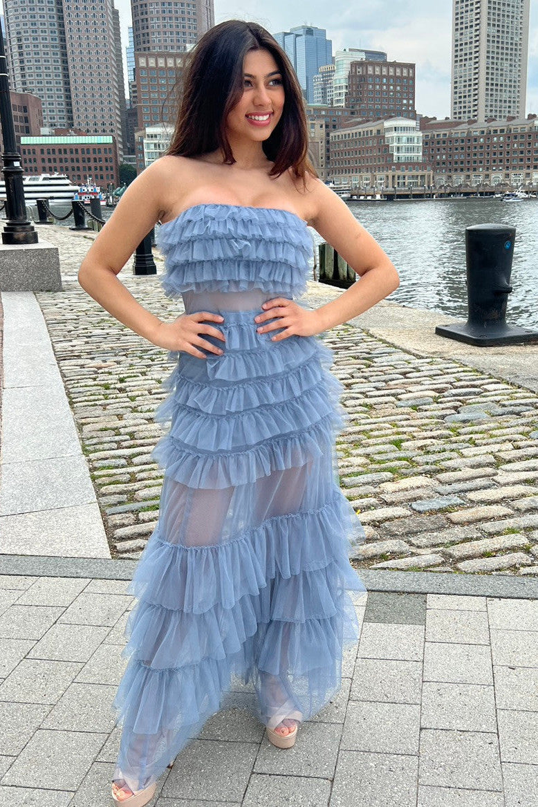 Elegant Georgia Maxi Dress in Smoky Blue