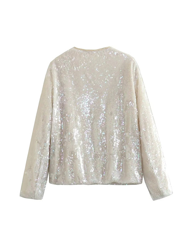 Loose Puff Sleeves Sequined Zipper Round-Neck Jackets Outerwear by migunica
