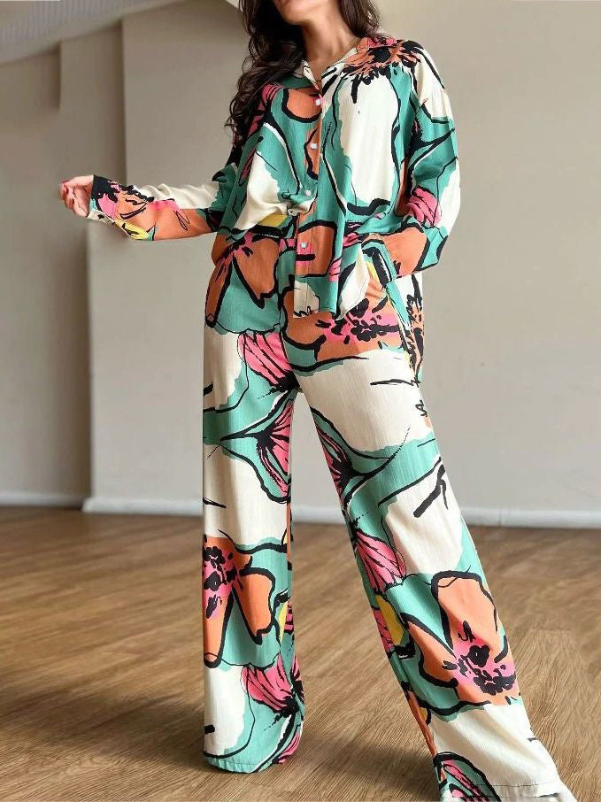 Flower Print Buttoned Lapel Blouses Top + High Waisted Wide Leg Pants Bottom Two Pieces Set by migunica