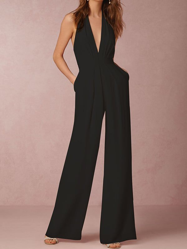 Sleeveless Wide Leg Backless Solid Color Halter-Neck Jumpsuits by migunica