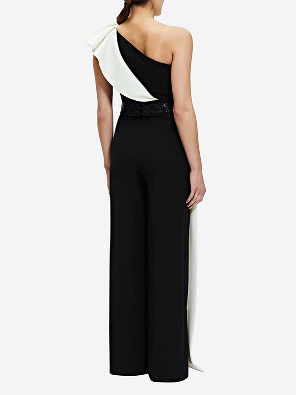 High Waisted Wide Leg Contrast Color Split-Joint One-Shoulder Jumpsuits by migunica
