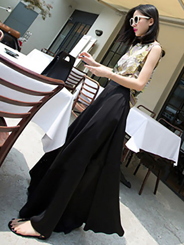 Simple Solid Color Elasticity High Waisted Wide Leg Pants by migunica