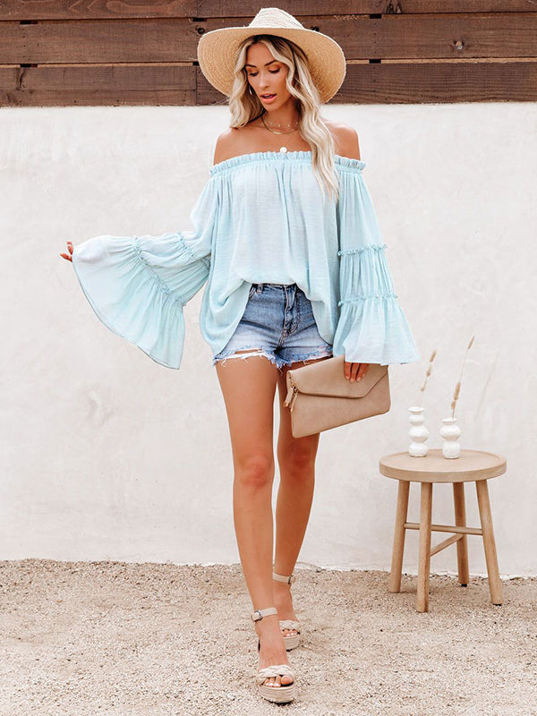 Urban Solid Color Pleated Puff Sleeves Off-The-Shoulder Blouse by migunica