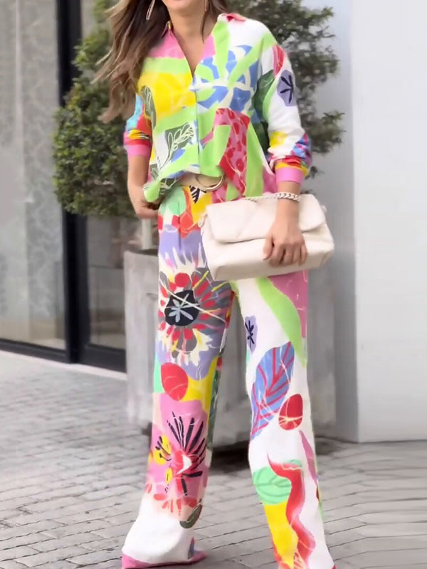 Contrast Color Printed Long Sleeves Buttoned Lapel Blouses Top+ High Waisted Pants Bottom Two Pieces Set by migunica