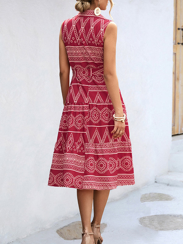 Sleeveless Buttoned Printed Tied Waist Lapel Collar Midi Dresses by migunica