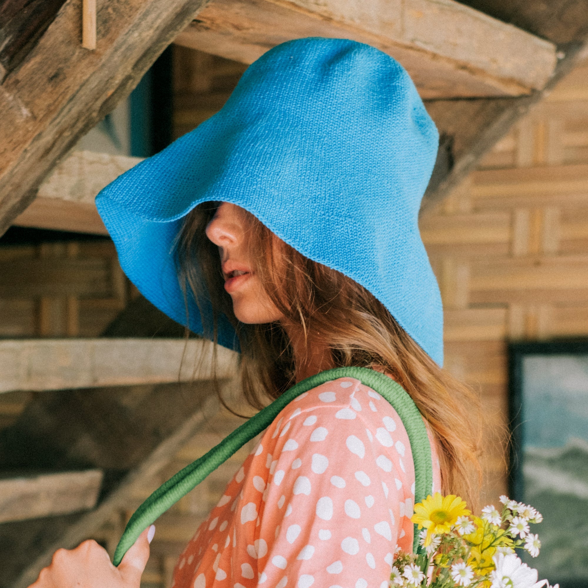 Blue Mohair Hat Bucket Head Piece with hand crochet flowers Beautiful Crochet Hat with Pastel Colors and Flowers main image 2