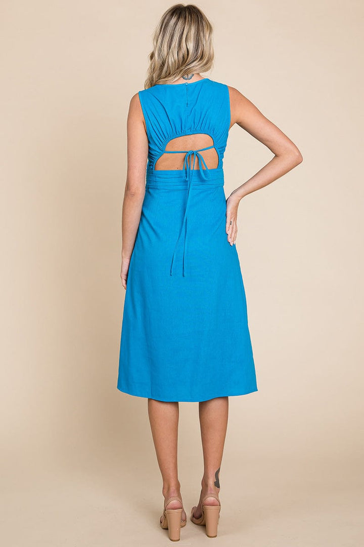 Sleeveless Tied Backless Pleated Midi Linen Dress by RolyPoly Apparel