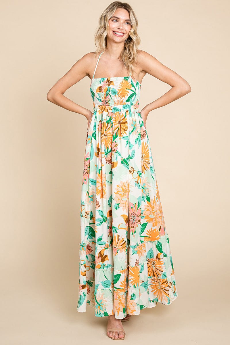 Floral Shirred Bodice Halter Cami Sun Maxi Dress by RolyPoly Apparel