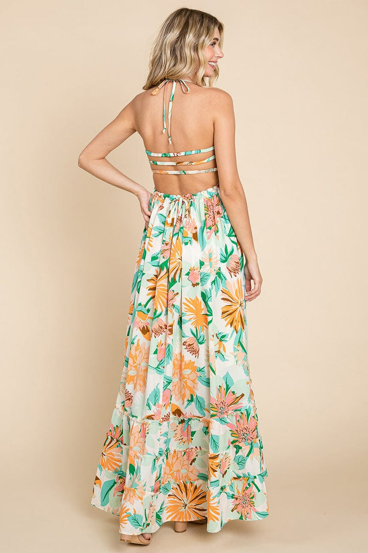 Floral Shirred Bodice Halter Cami Sun Maxi Dress by RolyPoly Apparel