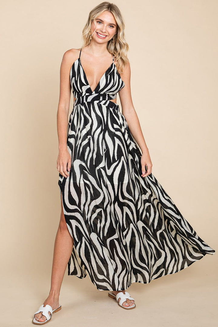 Deep V Neck Open Back Zebra Print Boho Maxi Dress by RolyPoly Apparel