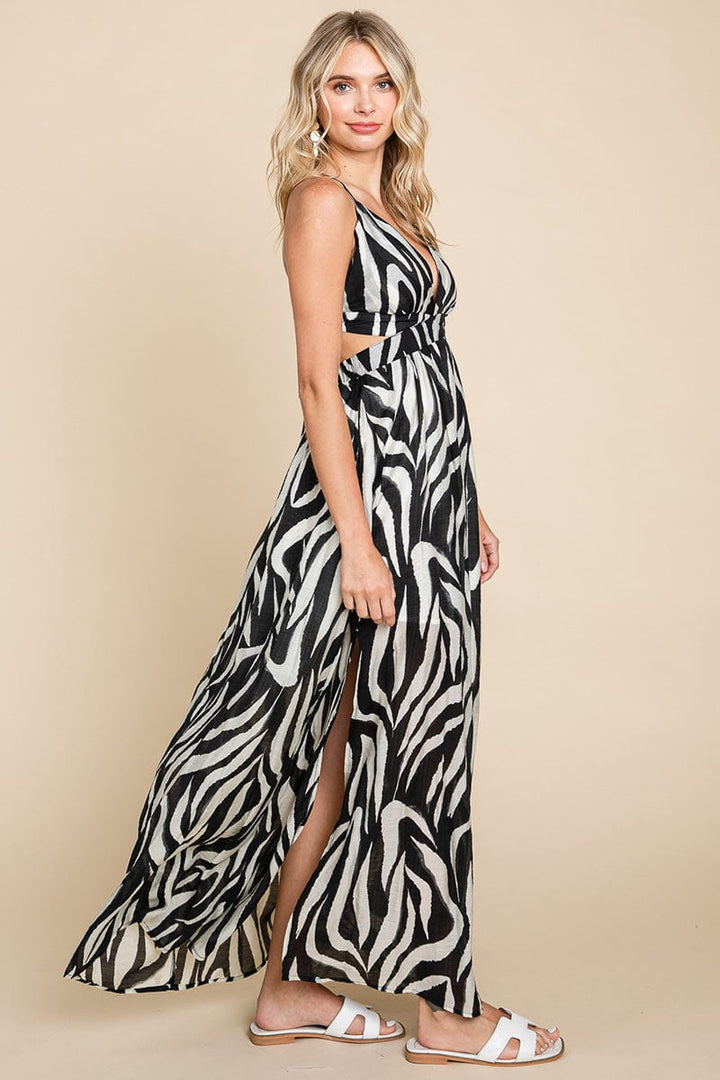 Deep V Neck Open Back Zebra Print Boho Maxi Dress by RolyPoly Apparel