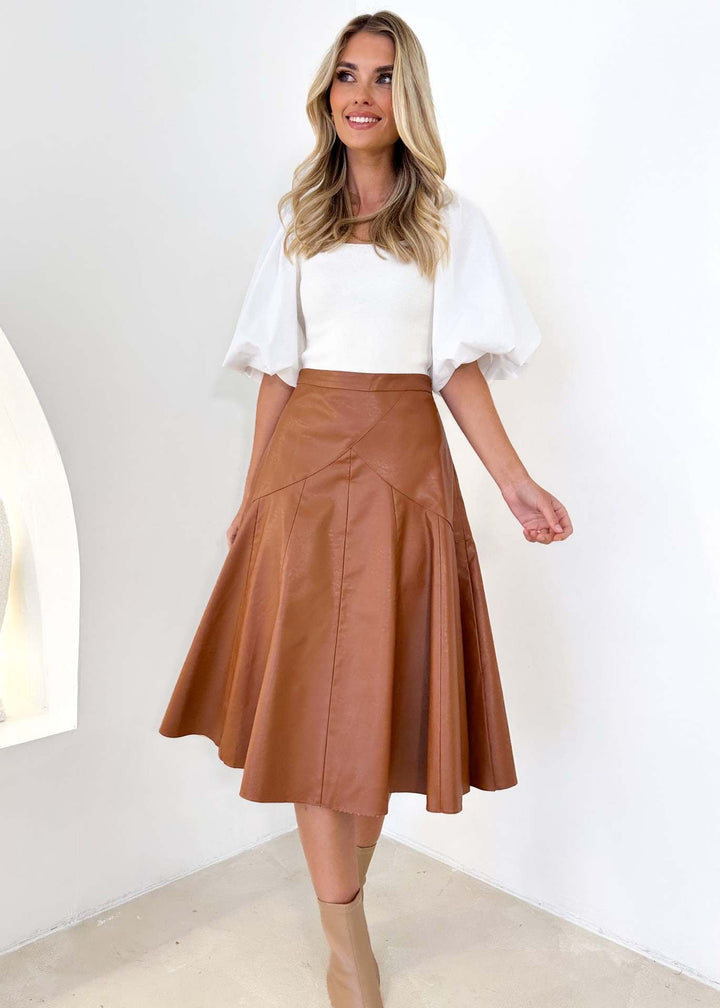 Faux Leather Knee Length Aline Skirt by Coco Charli