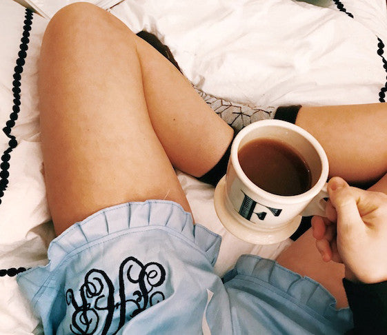Blue Cotton Monogrammed Pajama Shorts by Amore Beauté