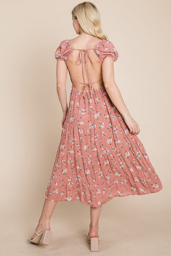 Floral Pleated Open back Midi Dress by RolyPoly Apparel