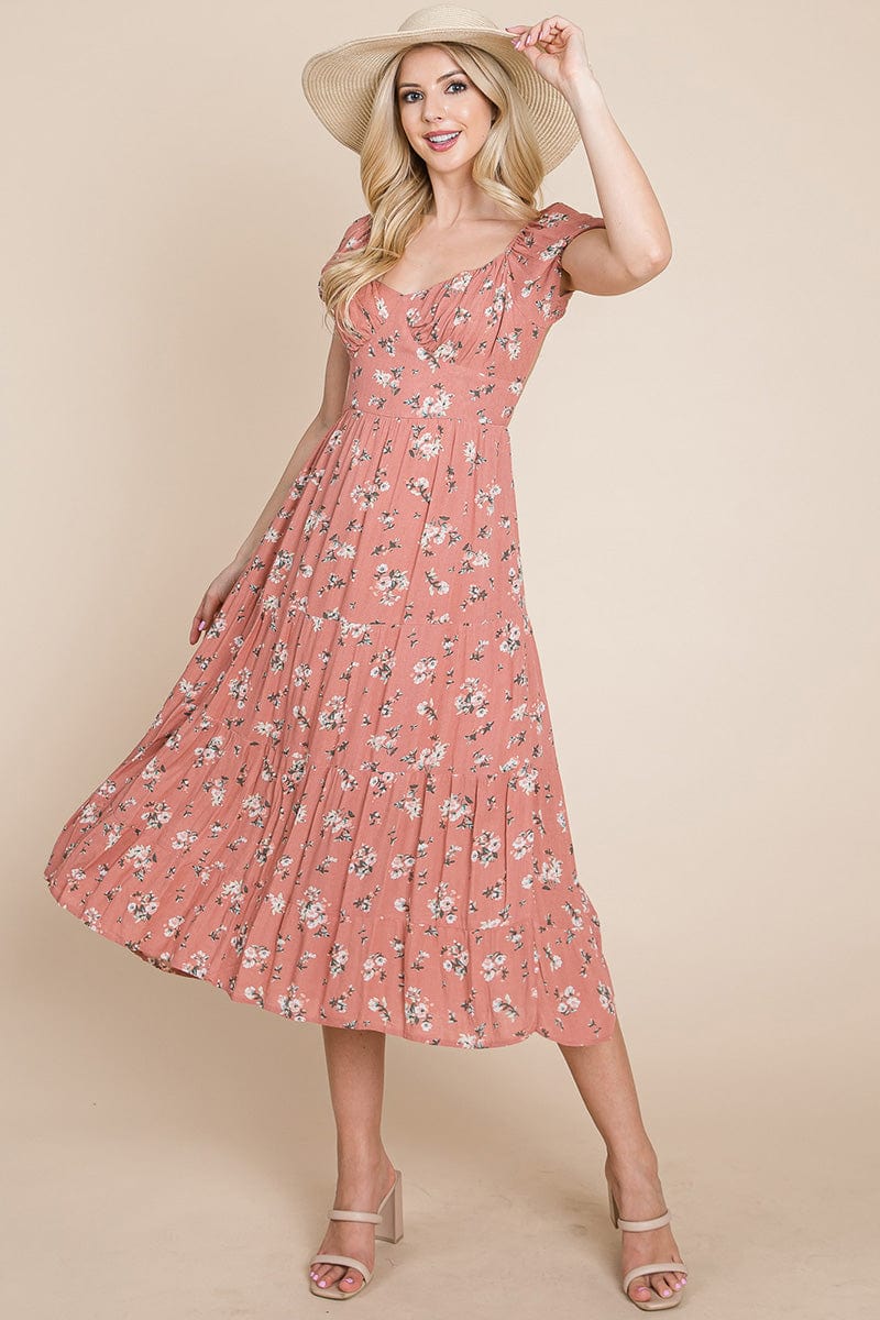 Floral Pleated Open back Midi Dress by RolyPoly Apparel