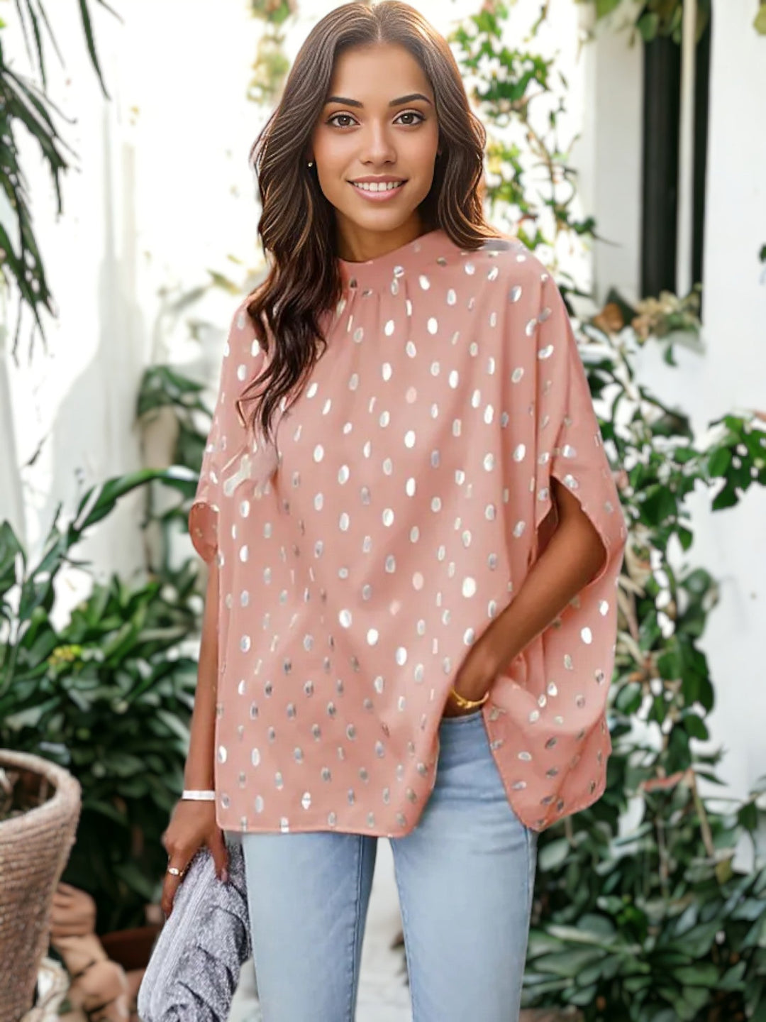 Spotted Print Dolman Sleeve Blouse