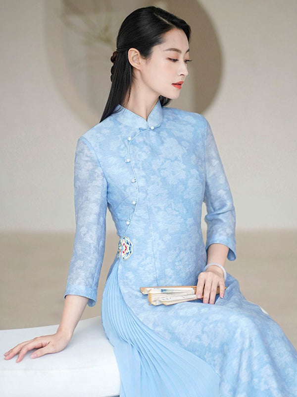 Fashion Vintage Light Blue Jacquard Long Cheongsams by migunica