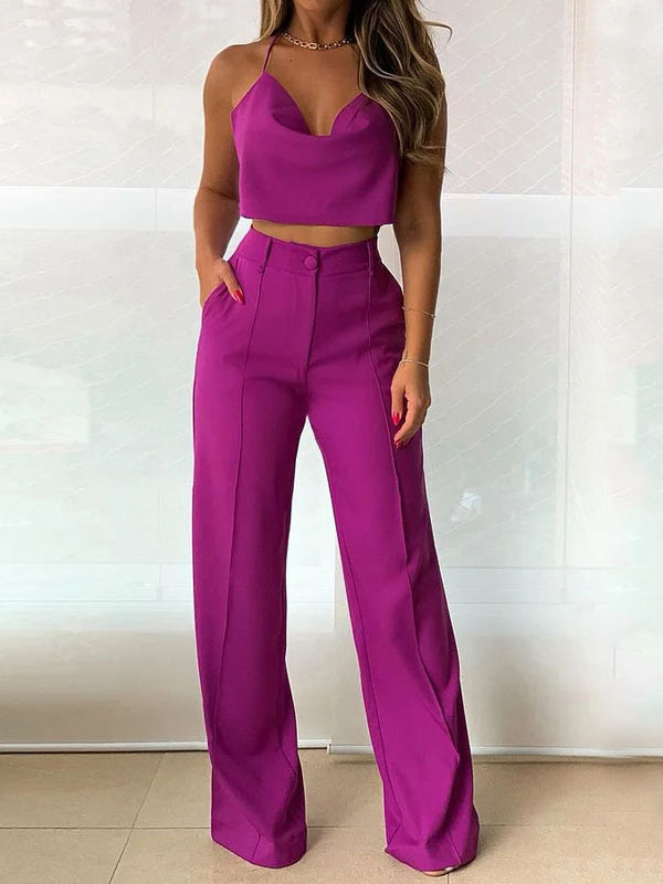 Loose Solid Color V-Neck Vest Top + High Waisted Pants Bottom Two Pieces Set by migunica
