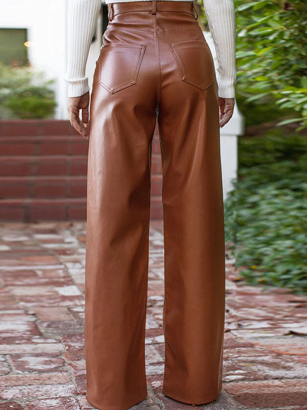 High Waisted Straight Leg Solid Color Split-Joint Pants Trousers by migunica