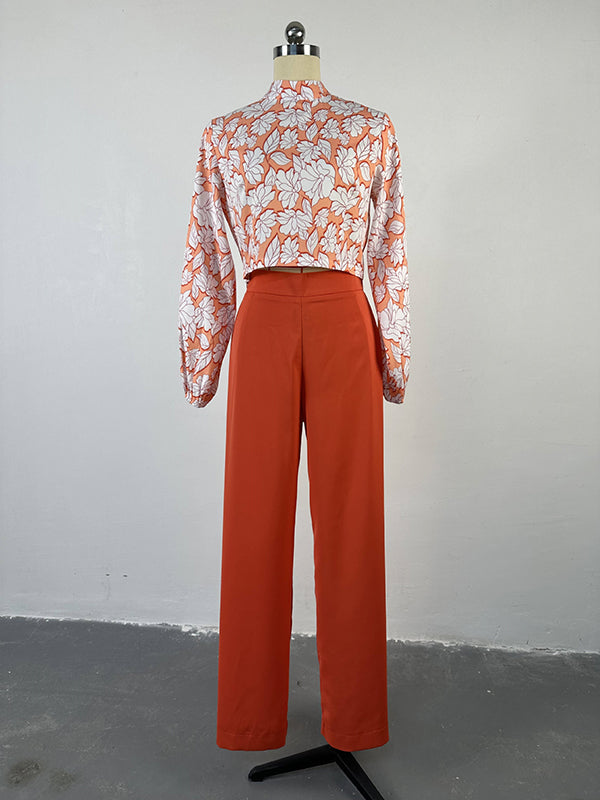 Long Sleeves Flower Print Hollow Mock Neck Shirts Top + High Waisted Pants Bottom Two Pieces Set by migunica