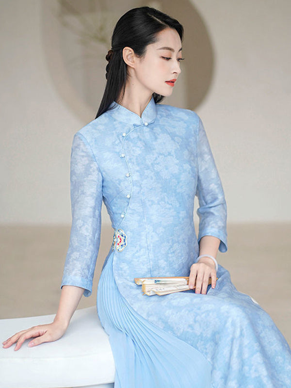Fashion Vintage Light Blue Jacquard Long Cheongsams by migunica
