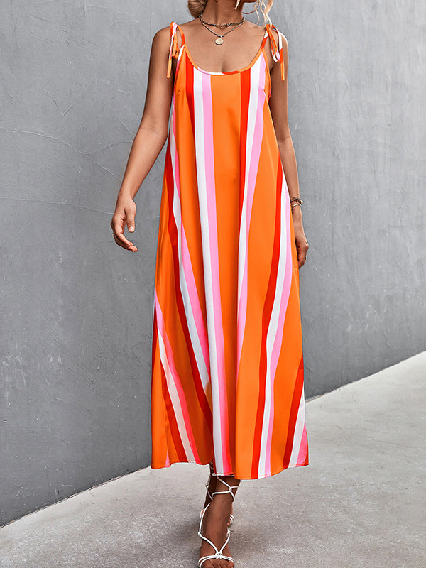Loose Sleeveless Contrast Color Striped Tied U-Neck Midi Dresses Slip Dress by migunica