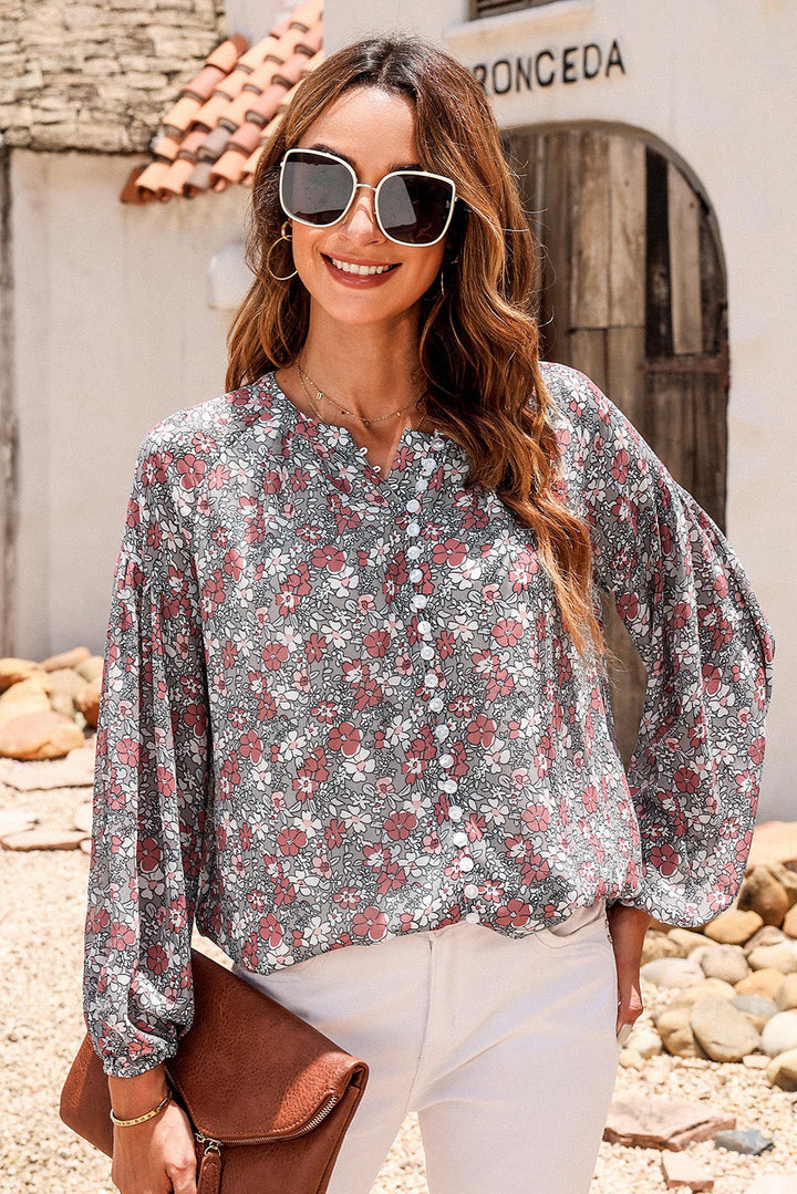 Printed Notched Balloon Sleeve Blouse by Coco Charli