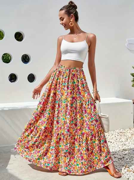 Rainbow Boho Blue Floral Patterned Tiered Maxi Cotton Skirt by Coco Charli