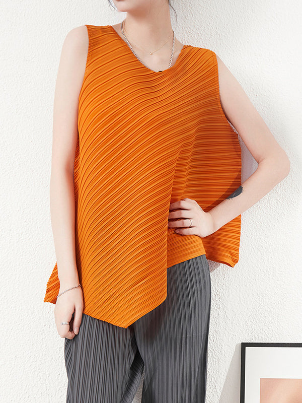 Simple Loose Sleeveless Pleated Asymmetric Solid Color Round-Neck Vest Top by migunica