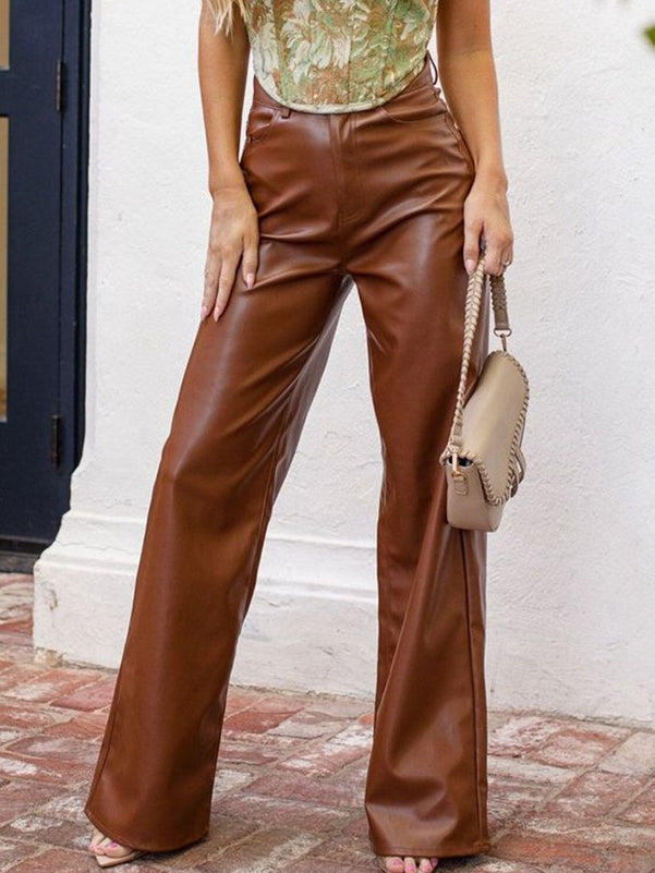 High Waisted Straight Leg Solid Color Split-Joint Pants Trousers by migunica