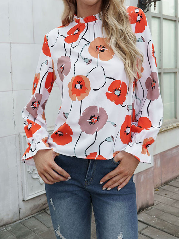 Long Sleeves Loose Floral Printed Hollow Stand Collar Blouses by migunica