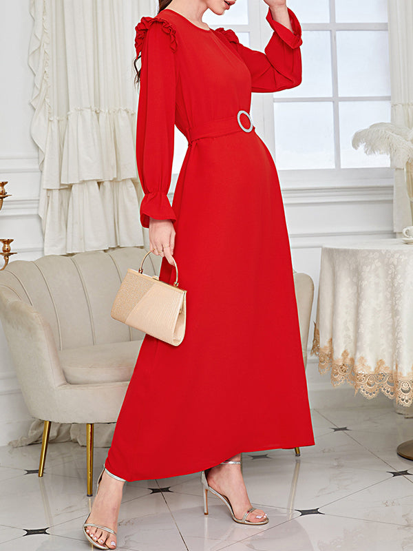 Ruffle Sleeves Belted Solid Color Round-Neck Maxi Dresses by migunica