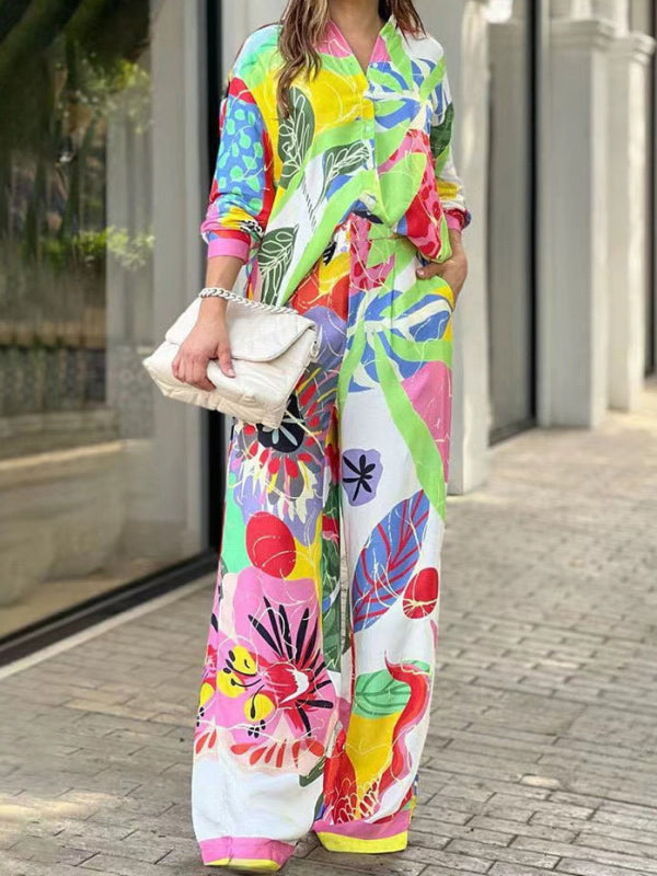 Contrast Color Printed Long Sleeves Buttoned Lapel Blouses Top+ High Waisted Pants Bottom Two Pieces Set by migunica