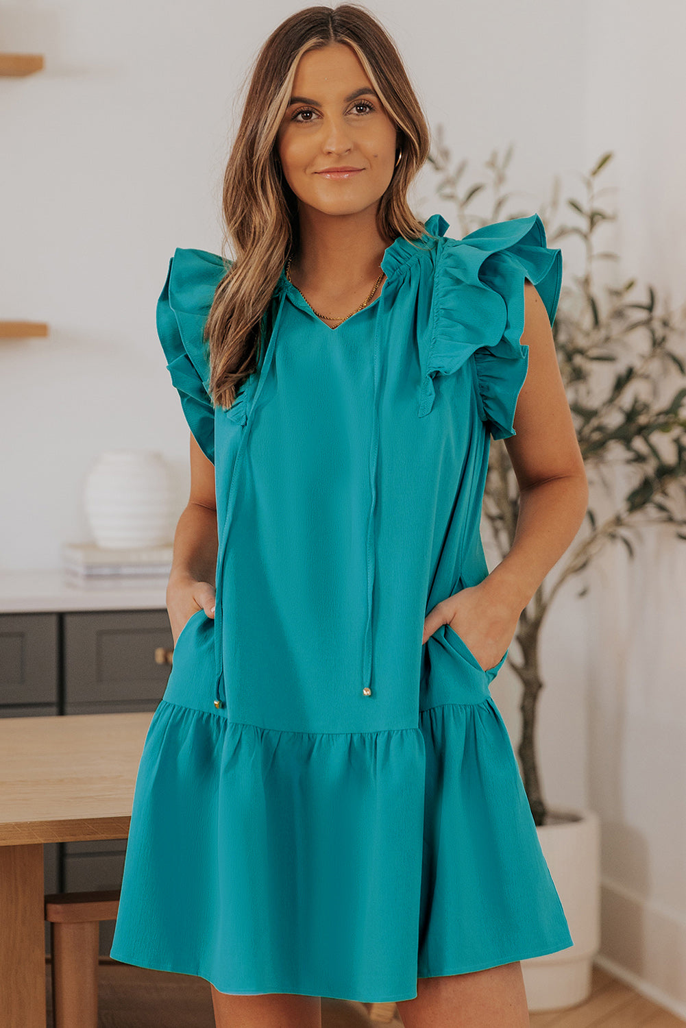 Azalea Tiered Ruffled Sleeves Mini Dress with Pockets by Threaded Pear