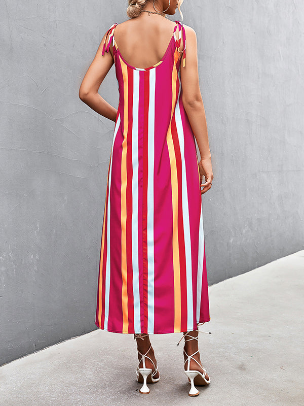 Loose Sleeveless Contrast Color Striped Tied U-Neck Midi Dresses Slip Dress by migunica