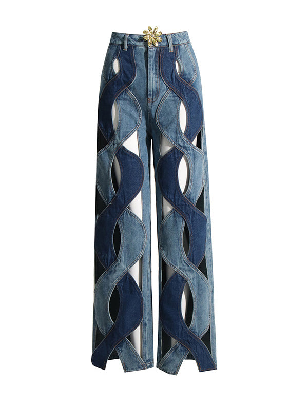 High Waisted Straight Leg Flower Shape Hollow Jean Pants Bottoms by migunica